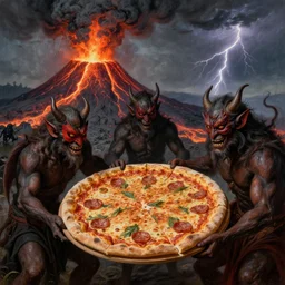 masked demons grabbing a large pizza!!!, in the background is a volcano spewing lava and black smoke, streams of glowing hot lava, flashes of lightning in the distance. wide angle, long shot, an ultrafine detailed painting by leonardo da vinci, deviantart, pop surrealism