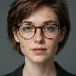 Portrait of a beautiful woman wearing glasses, short hair, freckles, by greg rutkowski