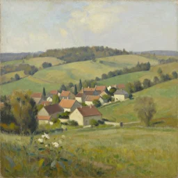 “An oil painting of a small village in the distant among hills on the countryside in France, painted by the Swedish painter Vera Silverstolpe”