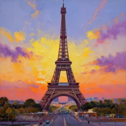 eiffel tower at sunset, vibrant oil painting