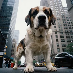 a giant dog in new york, wide lens, cinestill 8 0 0 t