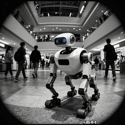 camera footage of a Big Dog Robot hunting people in an abandoned shopping mall, high exposure, dark, monochrome, camera, grainy, CCTV, security camera footage, timestamp, zoomed in, fish-eye lense, Robot, Drone, Intense, Darpa,