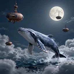 whales jumping over steampunk airships on a cloudy night lit by the full moons in the sky, by Didier Graffet, by Min Guen, by Giovani Magana