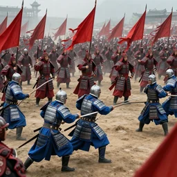 mid action shot cinematic artwork of an army of warriors in blue armor fighting an ancient Chinese army wearing red armor and holding red flags on the battlefield by greg rutowski, masterpiece, 4k
