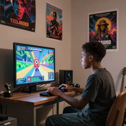 a black boy in 1 9 9 0 s playing video - game in your bedroom, posters on wall, elegant digital art high detailed, volumetric light - s 1 5 0