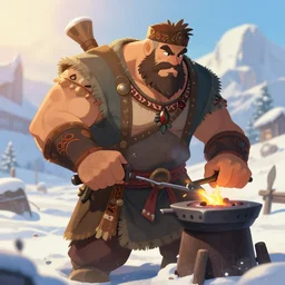 Beautiful detailed high quality illustration of an old Slavic blacksmith, very strong and muscular man, a lot of Slavic decor elements and cloth::vibrant winter, romantic mood, morning sunlight::art by Ghibli Studio, League of Legends, Arcane, Wild Rift, trending on artstation::alone character in a scene, single solid body, no artefacts, no leaks, no two heads, no two bodies