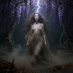 a goddess of wisteria!! standing in a windy murky underwater garden! with a beautiful symmetrical face!!! cinematic lightning, murky dusty deep, smoky eyes, isolated, studio lighting by artgerm yuri shwedoff and tom bagshaw