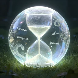 cursed princess!!!!!, crystal preservation chamber!!!!, serpentine curve!!!, dissipate!!, unwind!, a 8k concept illustration of a large glowing ball, superimposed over an 8k field of grass. The surface of the sphere glows softly in the shape of an hourglass, and has a filigree texture that gives the impression of swirling leaves or butterflies.