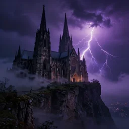 A cathedral perched on a cliff edge. A storm in the sky. Dark purple mist. Multicolored lightening. Digital art. Night time. Gothic. Sinister. Mystery. 4K high quality. trending on artstation. Darkest Academia. Artwork. Masterpiece. Highly detailed