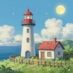 beautiful cute cozy little lighthouse by the sea and a cozy cottage, well and fence, puffy clouds, stars, moon, anime style of hayao miyazaki, digital art trending on artstation