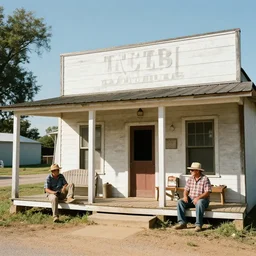 photograph of a rural general store, with two rednecks sitting on a porch outside the building.