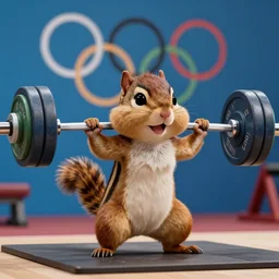 a high quality photo of an anthropomorphic chipmunk exercising weightlifting, in olympic game, render, ultra realistic, epic lighting, cgsociety
