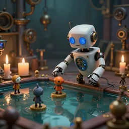 a small robot playing a game, ultra detailed, reflective pool, atmospheric, steampunk, moody, candles, characters from machinarium, by don bluth, trending on artstation, octane render, 8 k, ultra realistic