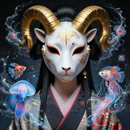 3 d goddess close - up frontal portrait with ram golden skull. beautiful intricately detailed japanese crow kitsune mask and clasical japanese kimono. betta fish, jellyfish phoenix, bio luminescent, plasma, ice, water, wind, creature, mandelbulb, fractal, artwork by tooth wu and wlop and beeple and greg rutkowski