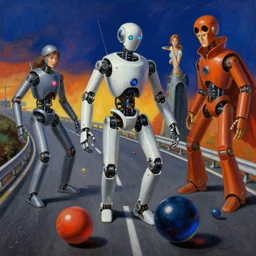 robotic bouncing balls on a highway. highly detailed fantasy science fic tion painting by moebius, norman rockwell, frank frazetta, and syd mead. rich colors, high contrast. artstation