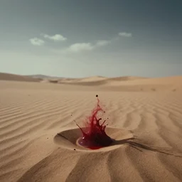 blood falling in the desert sand, cinematic, highly detailed wide, atmospheric lighting, muted colors
