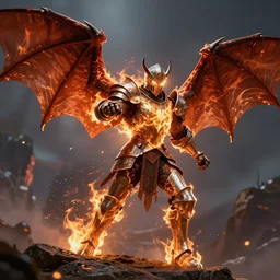 burning, platemail-wearing, knight with two giant bat wings and glowing eyes leaping off a rock preparing to throw a punch, ultimate detail, cinematic, 8k, digital fantasy art by Steve Argyle and Jason Chan, cgsociety, trending on artstation, video game cover art, smooth, sharp focus