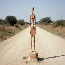 vintage color photography of a terracotta sculpture by giacometti in the middle of a dirt road, image by werner herzog