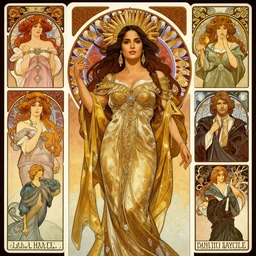 realistic detailed of Salma Hayek  as an exotic  queen  by Alphonse Mucha, Ayami Kojima, Amano, Charlie Bowater, Karol Bak, Greg Hildebrandt, Jean Delville, and Donato Giancola, Art Nouveau, Neo-Gothic, gothic, rich deep colors , tarot card