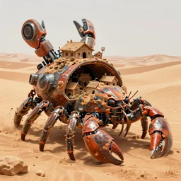 a very large mechanical armored robot lobster, the back is opened up revealing small mud walled village huts living on the back of the mechanical lobster. desert environment. digital art, trending on art station, highly detailed,
