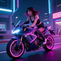 cyberpunk girl riding a neon motorcycle in a colorful neon road