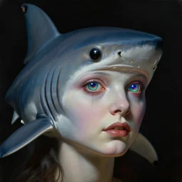 a baroque close - up portrait of a fantasy shark woman wearing facepaint and a colorful laser eyes. black background. studio lighting, big eyes. highly detailed science fiction fantasy painting by norman rockwell, moebius, frank frazetta, syd mead, and sandro botticelli. high contrast. renaissance masterpiece. artstation.