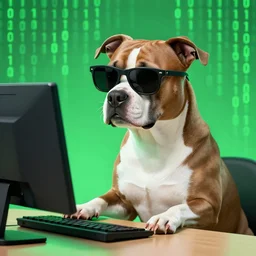 a pitbull with sunglasses and a coat hacking into a computer | green binary code on the computer | text on the bottom of the image titled i'm in