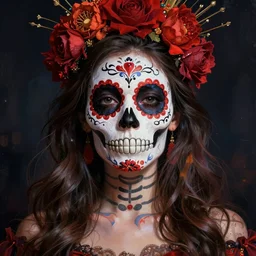 illustration of a sugar skull day of the dead girl, art by gil elvgren