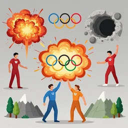 multiple close interacting human figures as olympic icons, explosions!, caves!, holes, mountains, trees!!, concept art, illustration, sss, occlusion, high contrast, very long shadows, on white