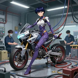 a fullbody pose of motoko kusanagi riding a tachikoma, ghost in the shell : : connected to cables, under repairs, maintenance area, technicians : : by ilya kuvshinov, rossdraws, artgerm, sola digital arts, anti aliasing, raytracing : :
