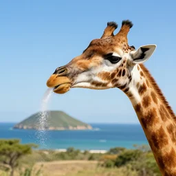 giraffe with a spoon of sugar going into its nose, island background