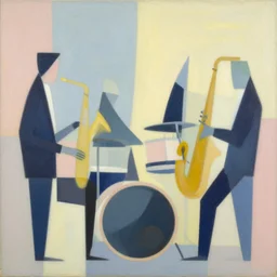A abstract painting in the style of Tatsuro Kiuchi, flat colour-block style, geometric abstraction, painting of a jazz band, modern pastel colours