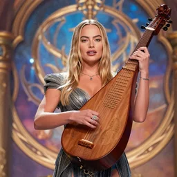 hyper realistic action shot of Lux in the movie of Legends played by Margot Robbie, 4k, Carl Zeiss, sigma, Tamron so 85mm, stunning arcanum backdrop, magic, ornate set design, cinematic, lute
