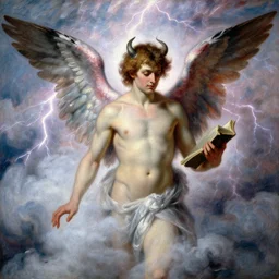 a renaissance oil painting close shot portrait by alma tadema of a demon lucifer with large wings holding a book surrounded by lightning clouds descending upon foggy frost, colourful pastel, detailed academic bouguereau, high shadow, sharp focus