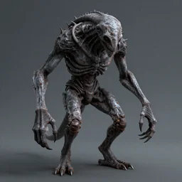 a humanoid creature with gray skin stained with soot and rust, with long arms and claws, stooped, similar to a Dementor, with thick  legs, with a wide massive neck and a small head, without eyes