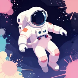 astronaut wearing headphones floating in space, pixiv fanbox, dramatic lighting, maximalist pastel color palette, splatter paint, pixar and disney concept, graphic novel by fiona staples dustin nguyen peter elson alan bean wangechi mutu, clean cel shaded vector art, on artstation