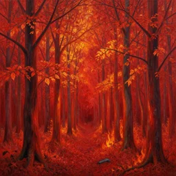 oil painting of A red fire forest of trees with flaming leaves ,by M.C. Escher  and Greg Rutkowski,hight details