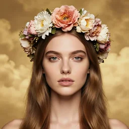 beautiful female supermodel face wearing bridal flower crown close up portrait symmetrical front, long light brown hair, by amy leibowitz, wlop, jeremy lipkin, beeple, intricate, artgerm, ilya kuvshinov, golden clouds background, centered