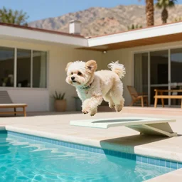 medium shot of one cream colored havanese dog jumping off a diving board into a pool at a mid century modern house in palm springs by david hockney