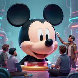 a group of people repairing the head of mickey mouse, cyberpunk art by eddie mendoza, cgsociety, retrofuturism, dystopian art, concept art