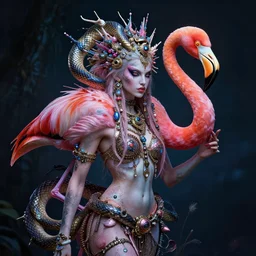 a detailed portrait of dreampunk flamingo python hybrid mix beautiful! goddess by tomasz alen kopera and peter mohrbacher