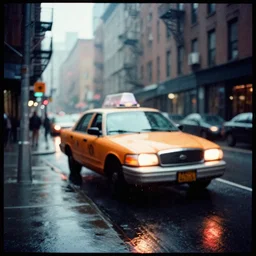 grainy abstract experimental expired film photo of a taxi on a back ally, in 1 9 6 0 s new york city by saul leiter, 5 0 mm lens, cinematic colors, reflection, rain drops, cinestill 8 0 0 t