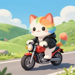 Wide view of cute rainbow fluffy kitten wearing black jacket riding motorcycle over hill, anime