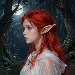 side portrait headshot high-fantasy elf girl with detailed pointed sharp long ears, translucent off-white gown and cloak, fantasy forest landscape, moonshine, fantasy magic, feathery red hair, dark light night, intricate, elegant, sharp focus, illustration, highly detailed, digital painting, concept art, matte, art by WLOP and Artgerm and Greg Rutkowski and Alphonse Mucha, masterpiece