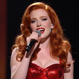 movie scene portrait closeup, red hair, red sequin dress, real life jessica rabbit singing beautifully on stage, stage lighting by emmanuel lubezki