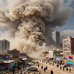 long exposure photograph of dust storms above an Beautiful Orwellian City filled with climate crisis migrants, detailed textures, hyper realistic, vibrant colors, cinematic lighting, graffiti art style, climate change, digital art painting by greg rutkowski, cinematic, concept art, 35mm grain filter, artstation