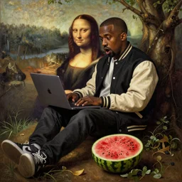 shocked kanye west sitting under a tree on a hill holding a macbook - pro and wearing a vintage varsity jacket, a big crushed watermelon is lying on the ground next to him, a stunning oil painting by leonardo da vinci