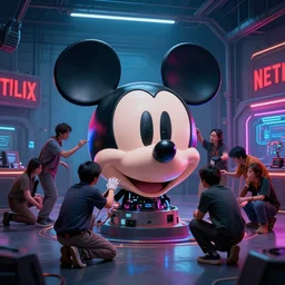 the wide shot of a group of people repairing the cyber head of mickey mouse in hangar room, a netflix logo on the background, cyberpunk art by greg rutkowski, cgsociety, retrofuturism, concept art, neon light, 1 8 mm lens