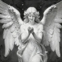 highdetailed hyperrealistic painting of white angel!!! no gender smiling noface!!!, light instead of hands, white sparkles everywhere, 4 k hd face!!!, big silver high detailed wings!!!, renaissance, by jan van eyck, holography space, glow effect, large strokes, monochrome!!!!!, digital painting, cinematic, textures