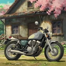 science fiction motorcycle parked in front of an old house, medium shot, studio Ghibli, Pixar and Disney animation, sharp, very detailed, high resolution, Rendered in Unreal Engine 5, anime key art by Greg Rutkowski, Bloom, dramatic lighting